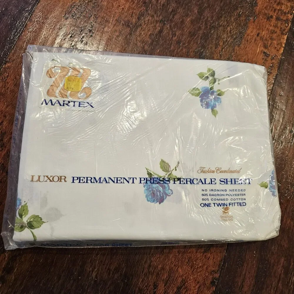 MARTEX Luxor blue rose vintage twin flat fitted sheet set floral percale NOS